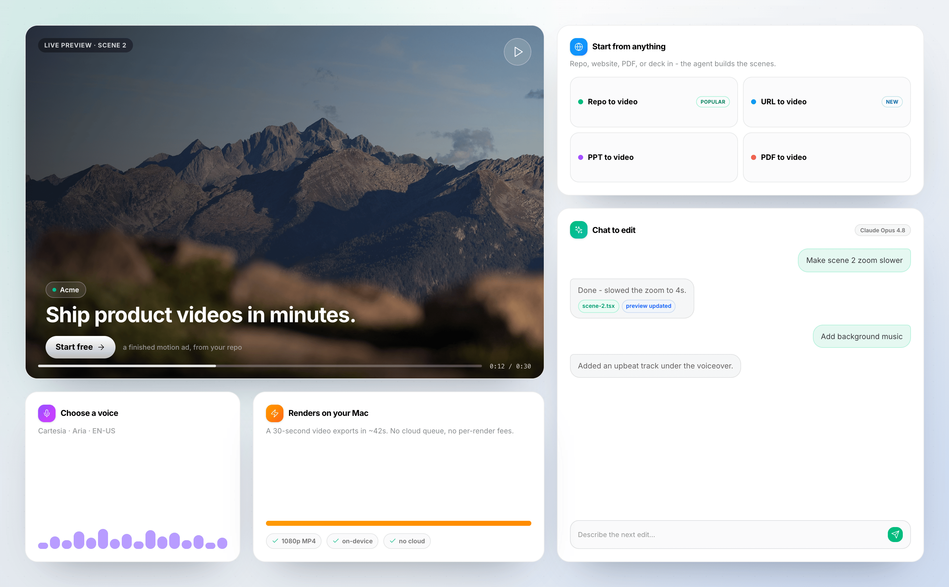 Source To Video desktop studio — pick a source, preview scenes, chat to edit, export locally